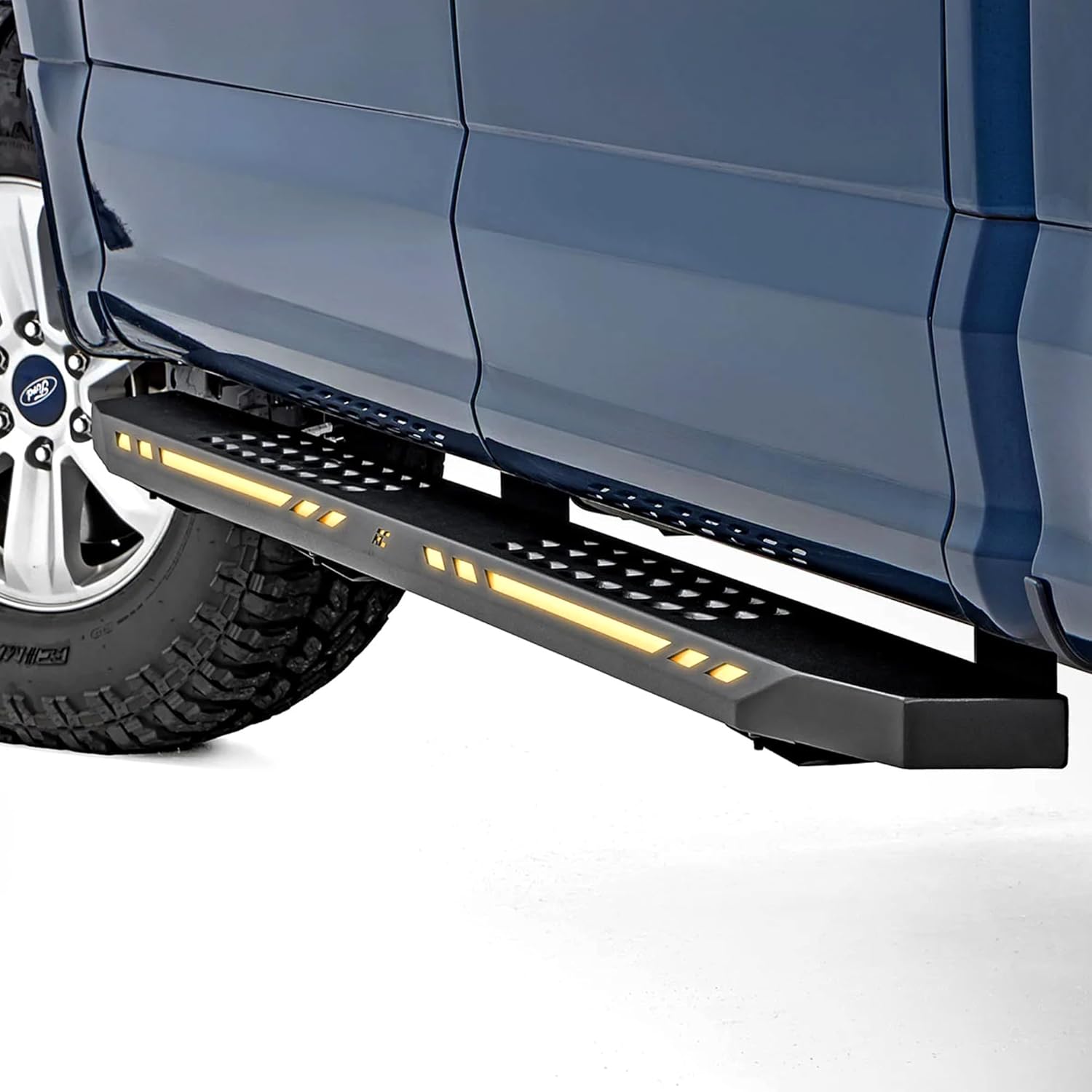 Rough Country AC2 LED Running Boards for Ford F-150/Lightning/F-250/F-350/Raptor Crew Cab (2015-2026) - Heavy Duty Steel Side Steps with Amber/White LED Lights