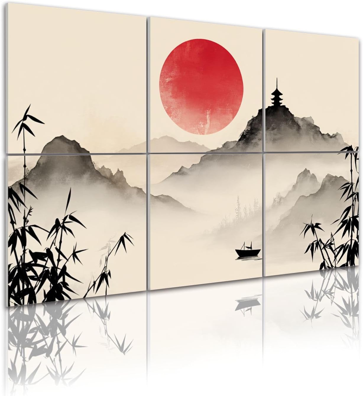 6 Pack Art Acoustic Panels Self Adhesive Red Sun Misty Mountains Traditional Japanese Ink Wash Landscape Pagoda Decorative Soundproof Wall Panels Sound Absorbing Panel 48