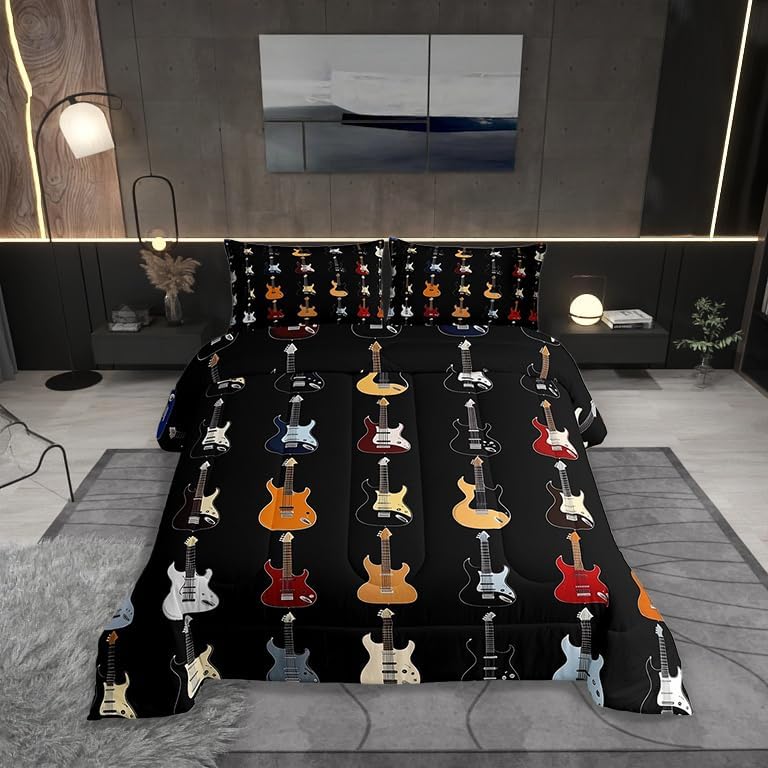 Manfei Colorful Guitar Comforter Set King Size,Musical Instruments Artistic Guitars Bedding Set 3 Pcs for Adults,Rock Bass Music Lovers Comforter,Black Duvet Insert,2 Pillowcases