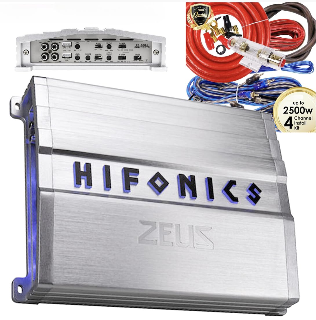 Hifonics ZG-600.4 600 Watt 4-Channel Car Audio Amplifier Class A/B + Complete 4 Channel 2500W 4 Gauge Amp Kit (Red)