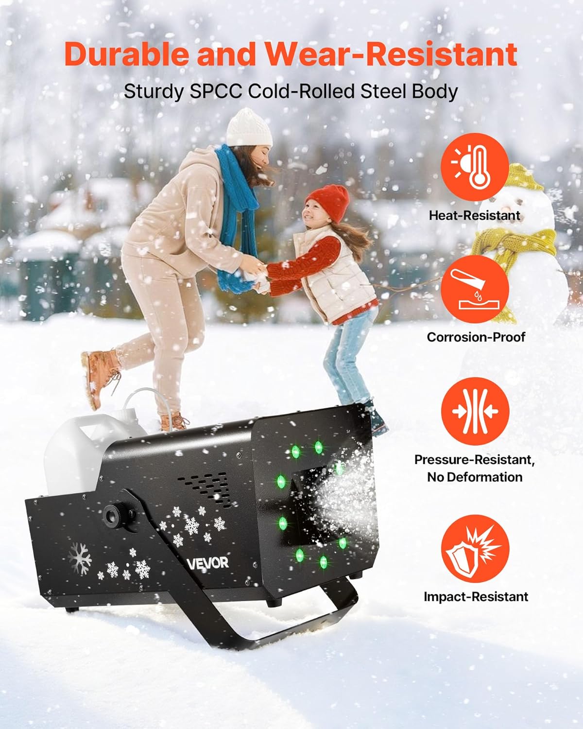 VEVOR 1500W Snow Machine with RGB DMX512 Signal Control, 9 LED Lights, Wireless Remote, High Output Snowflake Machine with 5L Tank, Portable DJ Stage Snow Maker for Christmas Parties Stage Effects