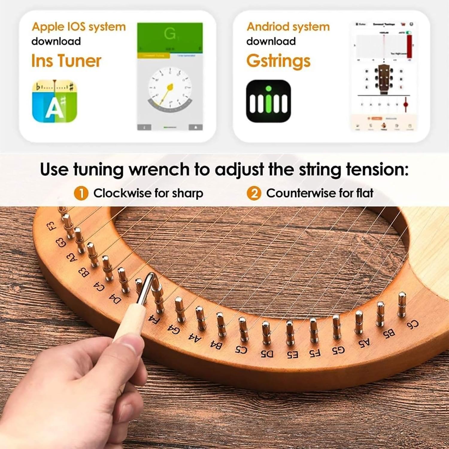 Lyre Harp 21 Metal Strings Mahogany Instrument,with Tunning Wrench, Spare String, English Manual,Best Gift for Beginners Music Lovers Adult