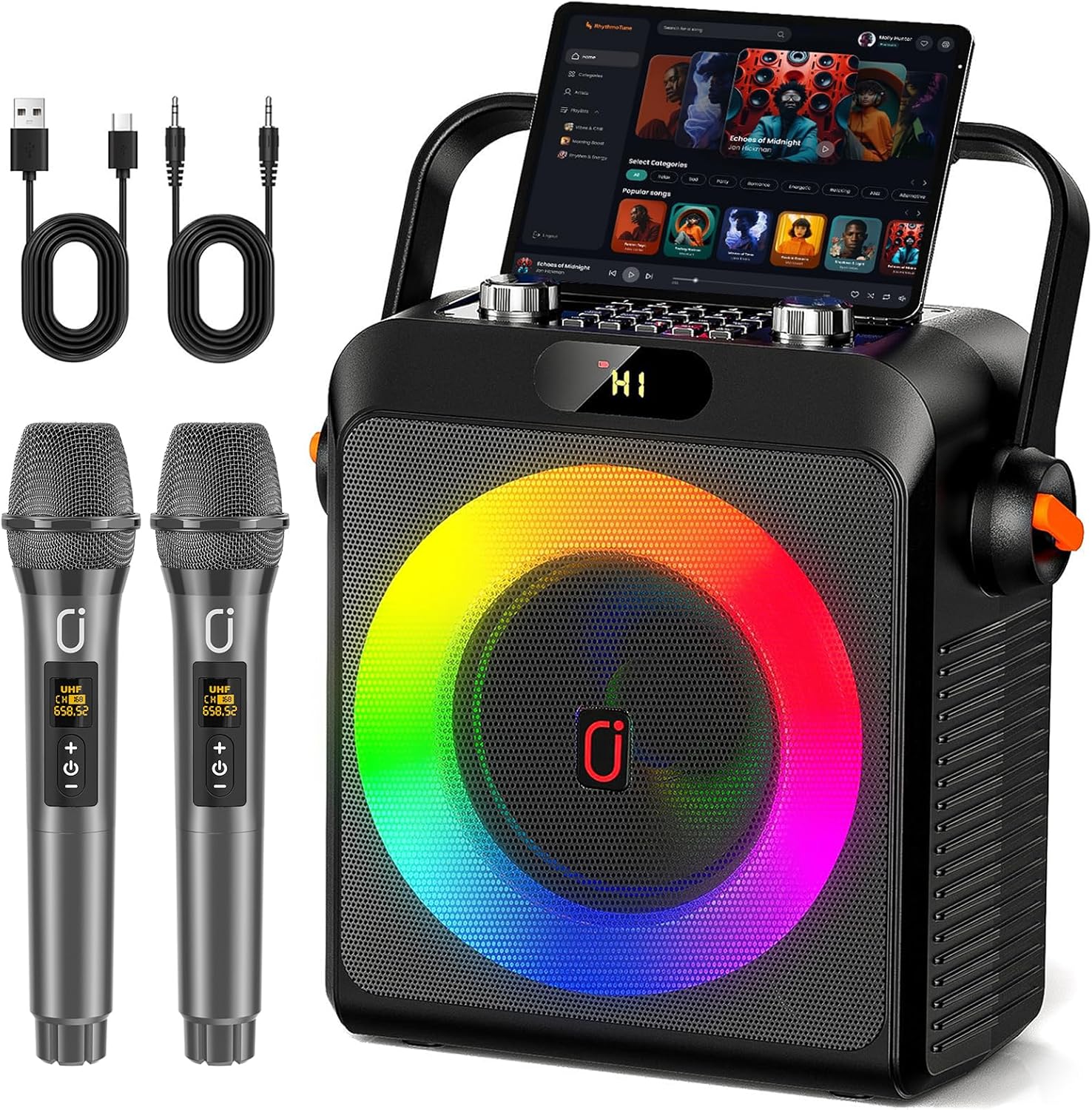 Karaoke Machine with 2 Wireless Microphones for Adults, Bluetooth 5.3 Speaker with Upgraded Subwoofer, Bass Boost | Home Party PA System, Outdoor Gatherings, Support TV/AUX/USB/TF Card/Live