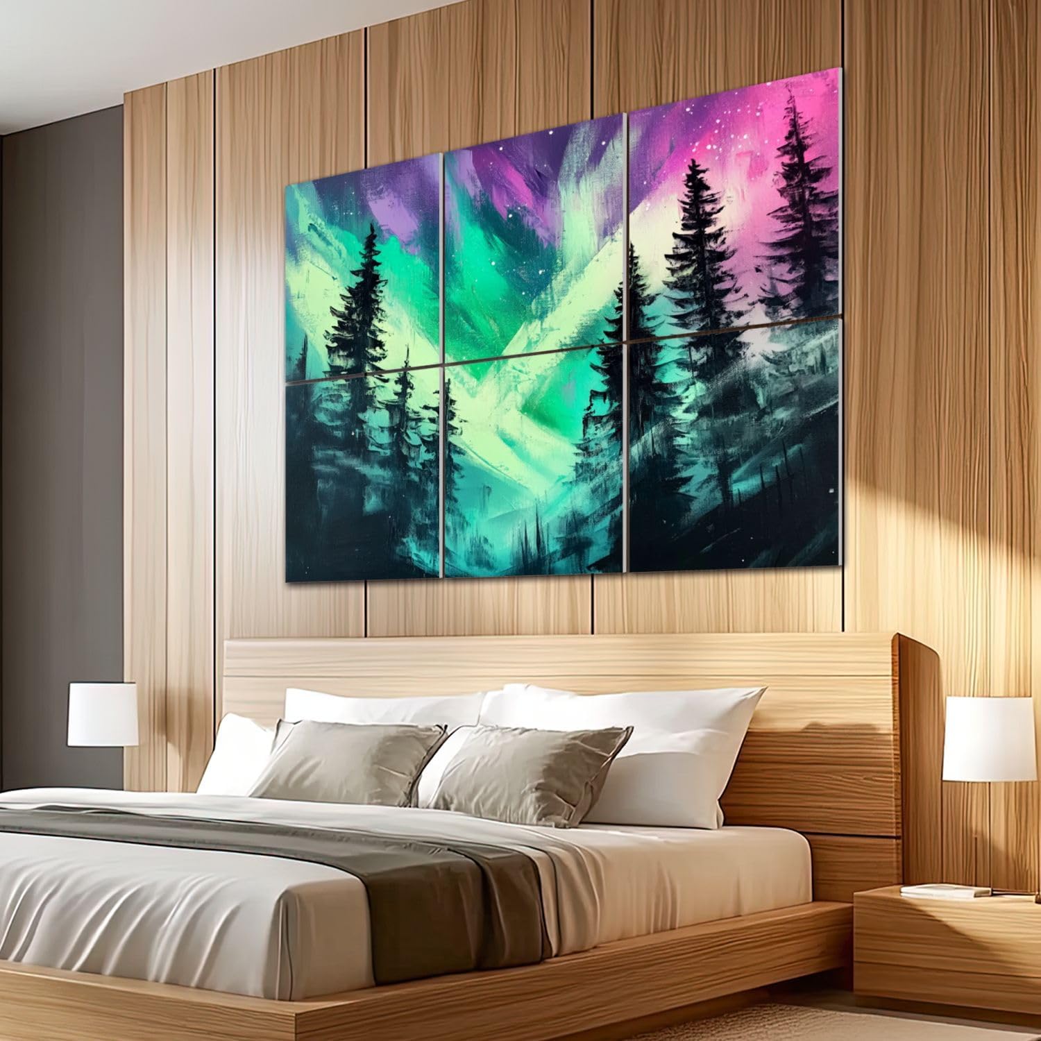6 Pack Art Acoustic Panels Sound Absorbing Green Purple Trees Lights Starry Scenery Silhouette Colorful Abstract Decorative Soundproof Wall Panels Self Adhesive for Recording Studios Office 72