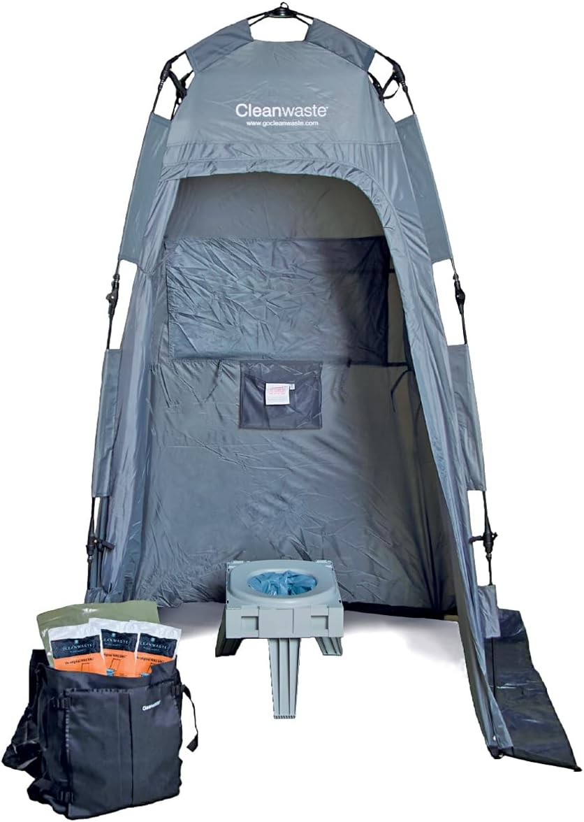 Cleanwaste Go Anywhere Complete Portable Toilet System - Full Bathroom Solution in a Backpack with Toilet, Privacy Shelter, Waste Kits & Trash Bag (Camping, Military, Emergencies)