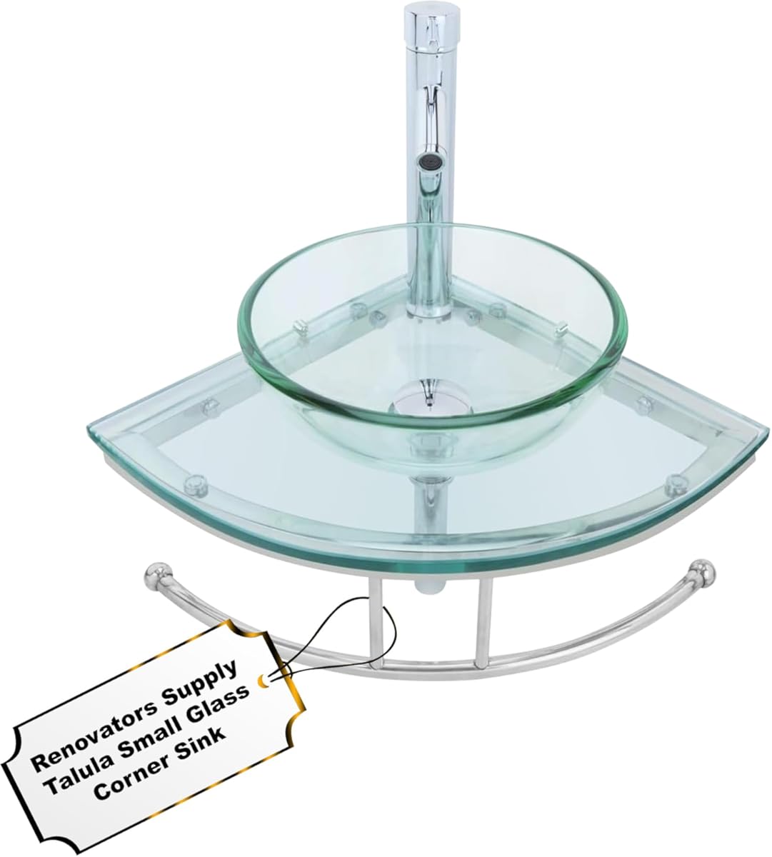 Renovators Supply Talula Corner Glass Wall Mounted Sink Round Shape Wall Hung Bathroom Vessel Sink Crystal Clear Tempered Glass Console With Chrome Faucet, Pop Up Sink Drain And Towel Bar Combo