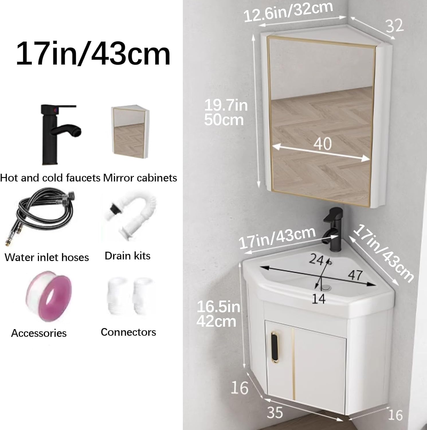 Corner Bathroom Vanity Triangle Ceramic Wall Mount Sink with Storage Space Wall Mount Corner Sink with Mirror, Faucet, Accessories, for Small Space(17in/43cm)