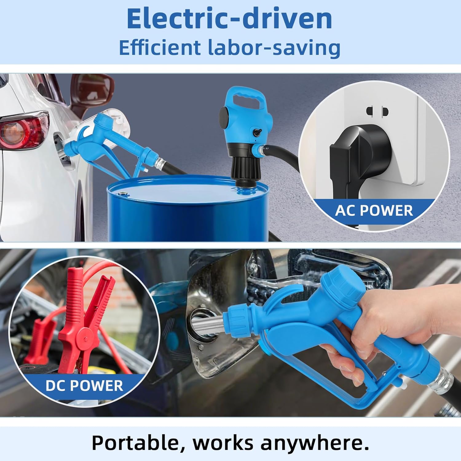 Electric Drum Barrel Pump, 12V DC/100-240V AC Power, 55 Gallon Drum Pump with 2-Inch Bung Adapter, 7.4 GPM Flow Rate, Suitable for DEF/AdBlue, Diesel, Antifreeze, Water-Based Fluids