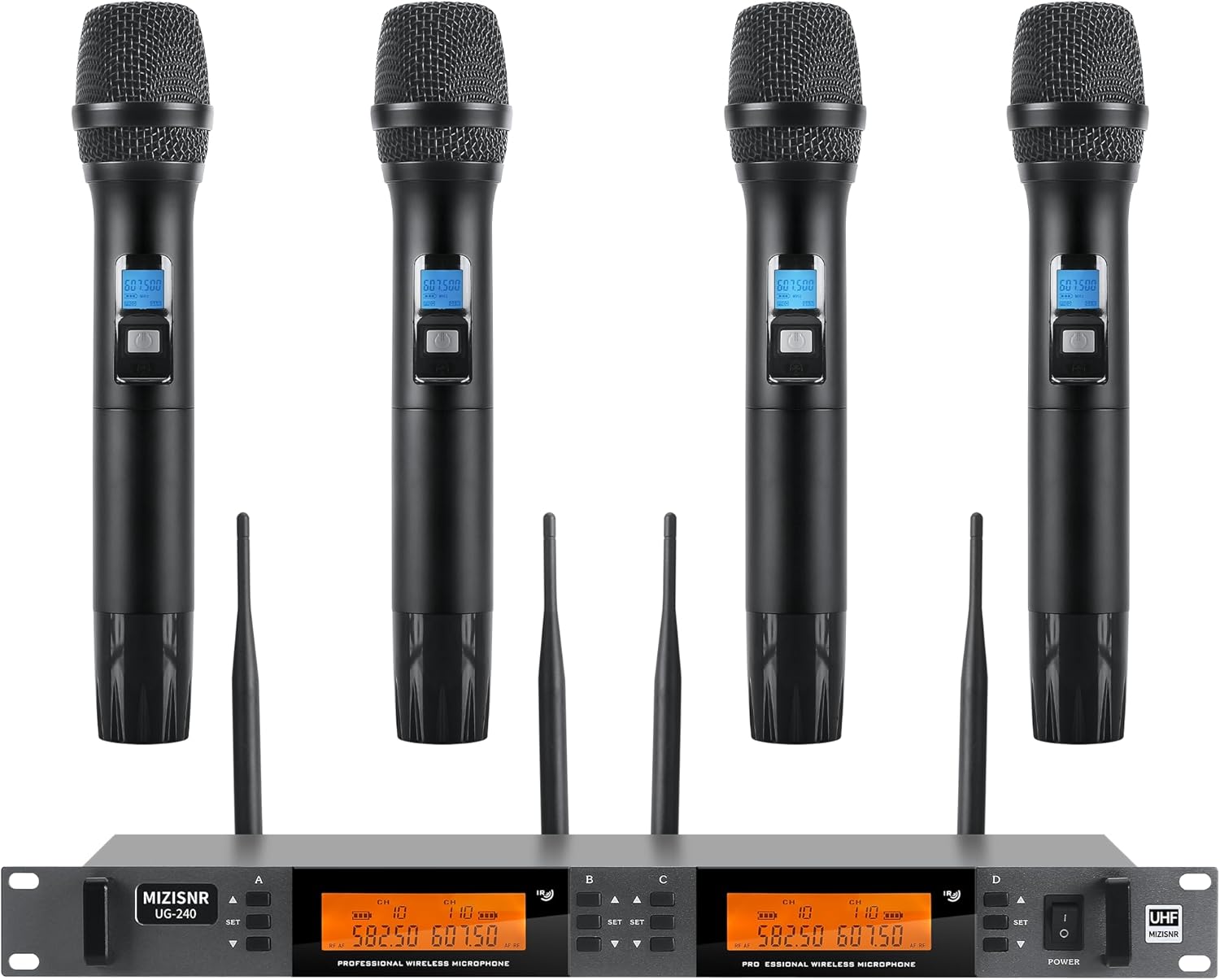 Wireless Microphone System 4 Channel, UHF Metal Cordless Handheld Mics Set - 200 Adjustable Frequencies, Auto Scan & Memory Function, 300ft Range, Ideal for Karaoke Church Wedding（UG-240