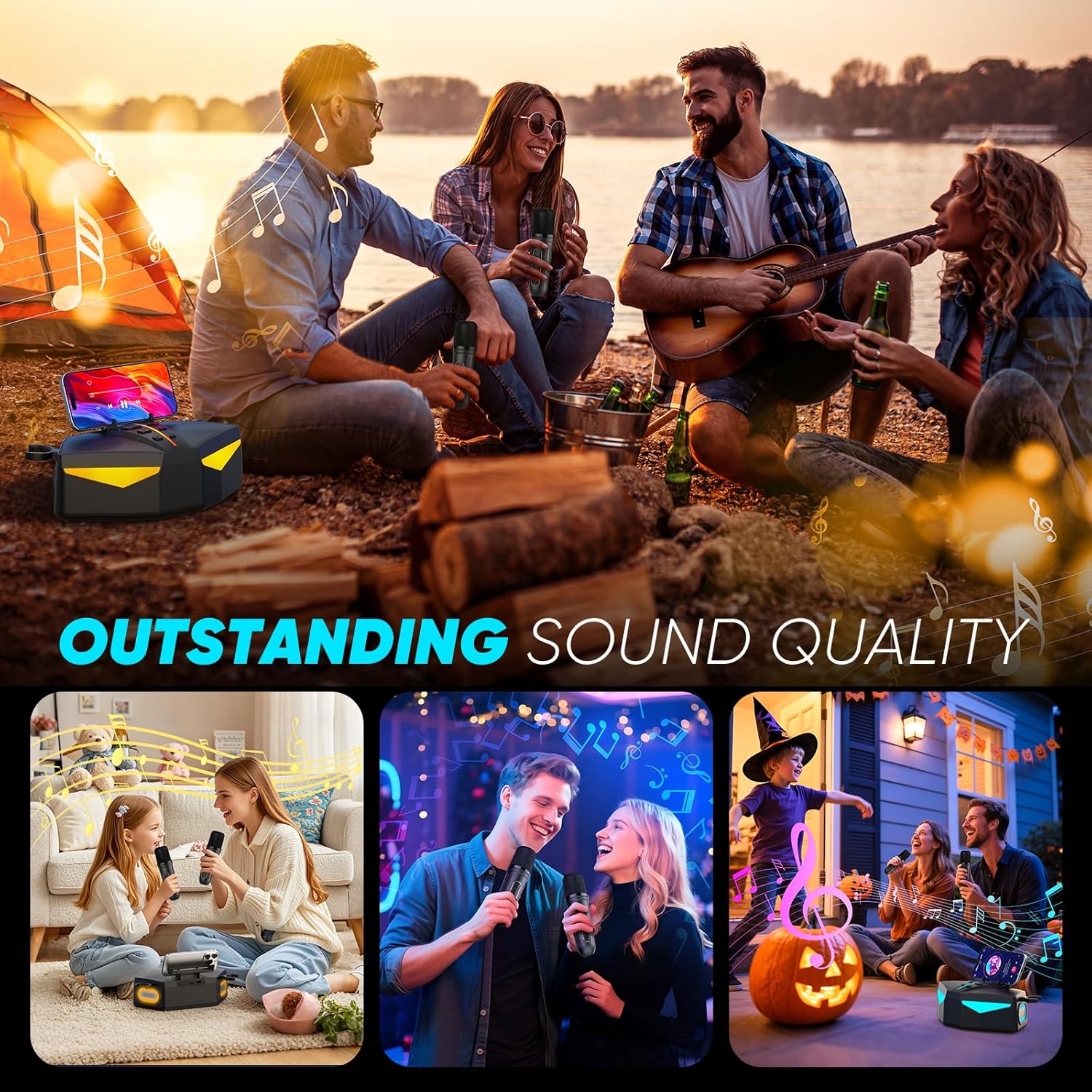 Karaoke Machine, Real 35W Portable Speaker,8H Long Time, 2 Rechargeable Wireless Microphones,LED,Karaoke Machine for Adults & Kids,BT/FM/USB/TF/AUX,for Home Party/Outdoors(CHJ161-Black)