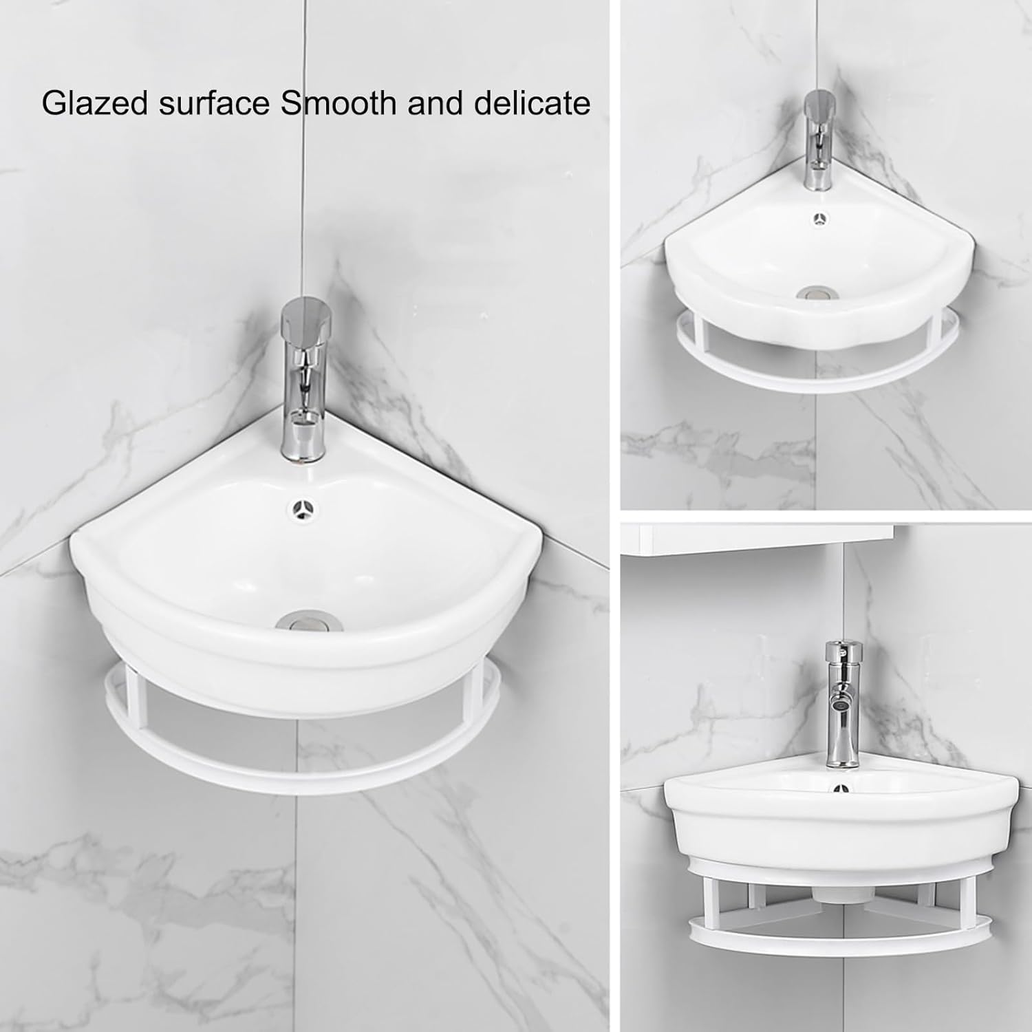 Wall Mount Corner Bathroom Sink, for Small Spaces, Ceramic Basin with Faucet Hole and Overflow, Mini Vanity Vessel Sink, Easy to Maintain and Install (White 32CM)