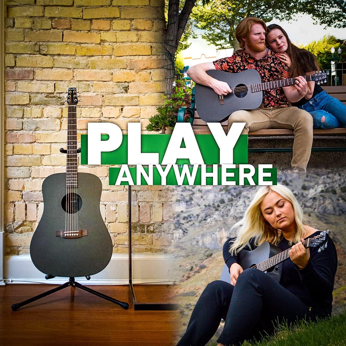 KLOS Full Size Guitar, Durable Carbon Fiber Acoustic Guitar - Black with Gig Bag, Strap, Capo, and more