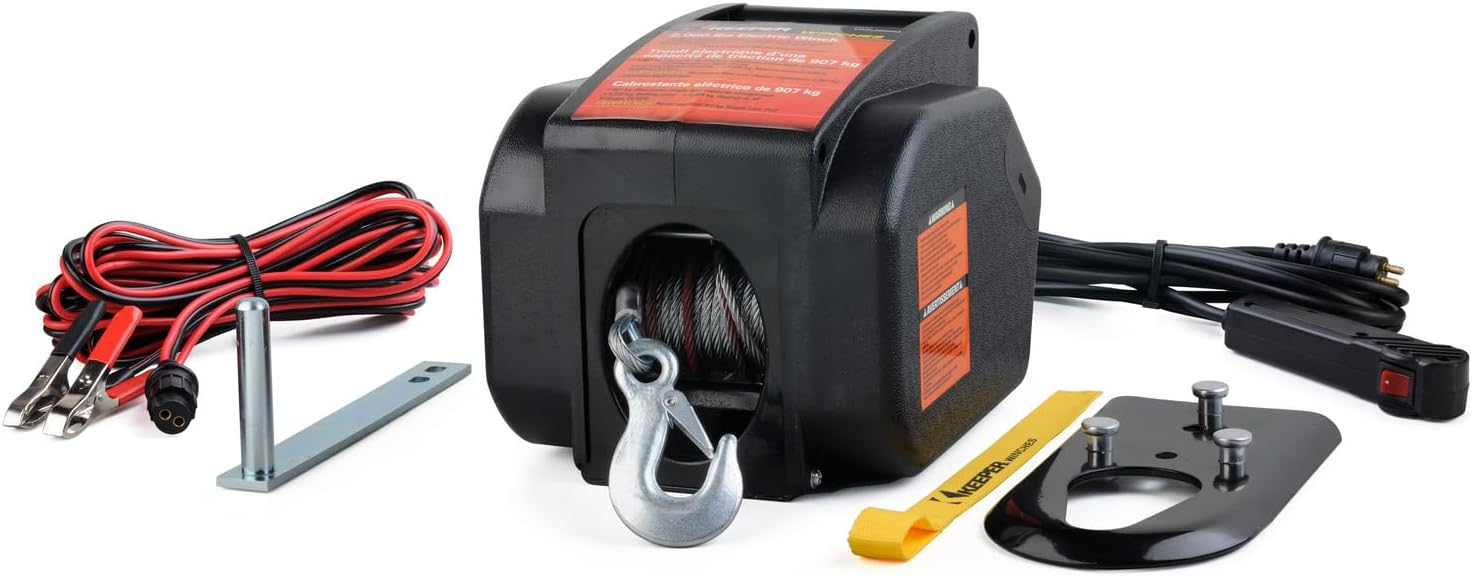 KEEPER KTSL2000RM Portable 12V DC Trailer Hitch Winch, 2,000 lb. Capacity, Galvanized Wire Rope, Rapid Mount, Handheld Remote