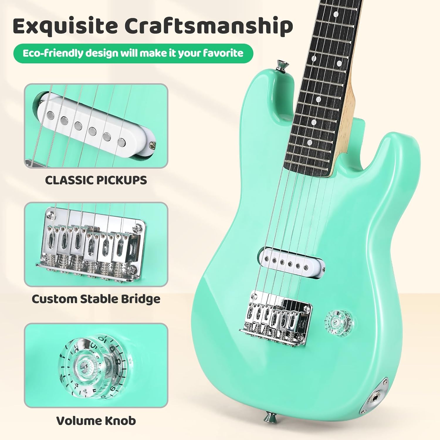 30 Inch Kids Electric Guitar Beginner Kits ST Style Mini Electric Guitar withAmp,Bag,Tuner, Picks, Cable, Strap, Strings (Green)