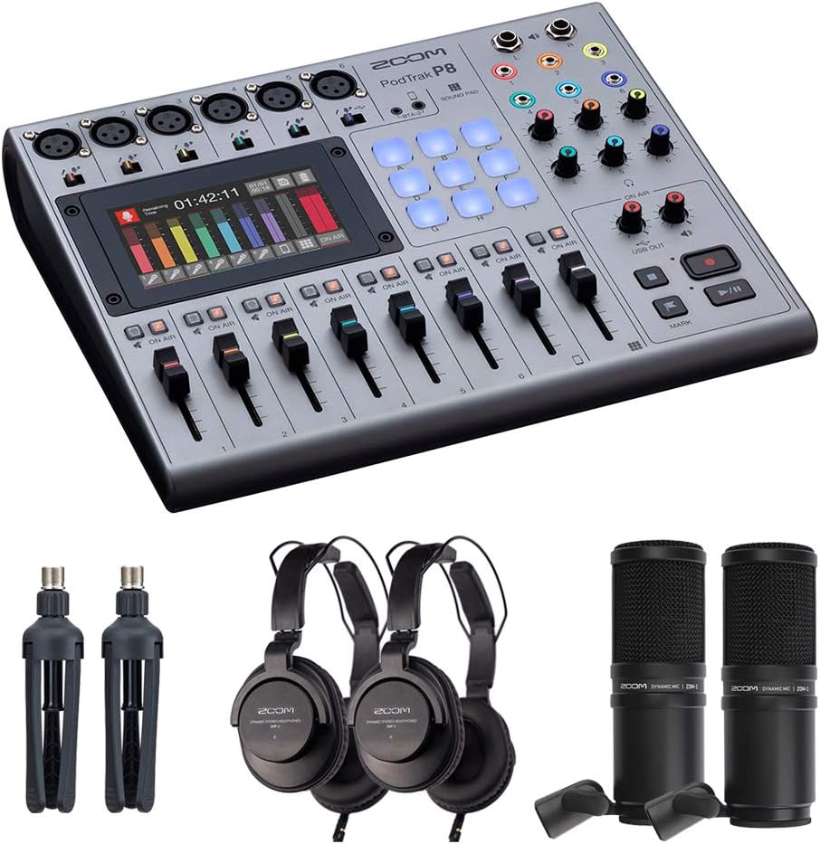 Zoom PodTrak P8 Portable Multitrack Podcast Recorder Bundle with 2X Zoom ZDM-1 Podcast Mic Pack