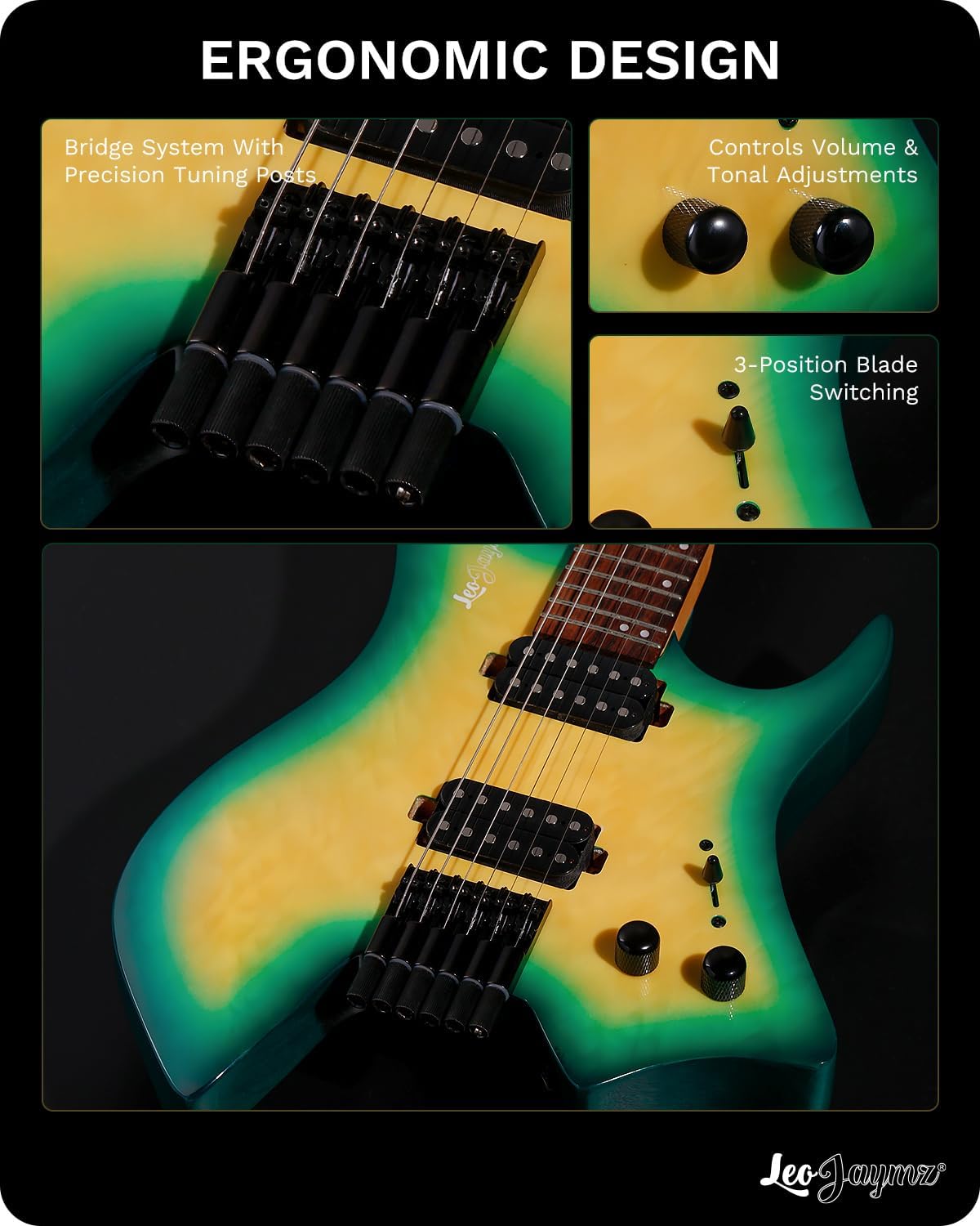 Leo Jaymz Electric Guitar, 6-String, Maple Neck, Headless Design, Right-Handed (Yellow Green Ocean)