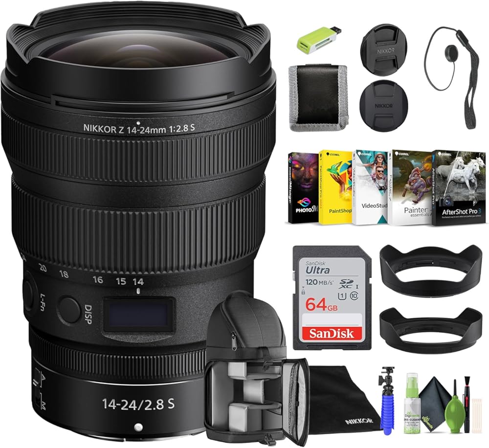 Nikon NIKKOR Z 14-24mm f/2.8 S Zoom Lens for Nikon Z Cameras (20097) + 64GB Memory Card + Backpack + Card Reader + Corel Photo Software + Flex Tripod + Memory Wallet + Cap Keeper + Cleaning Kit
