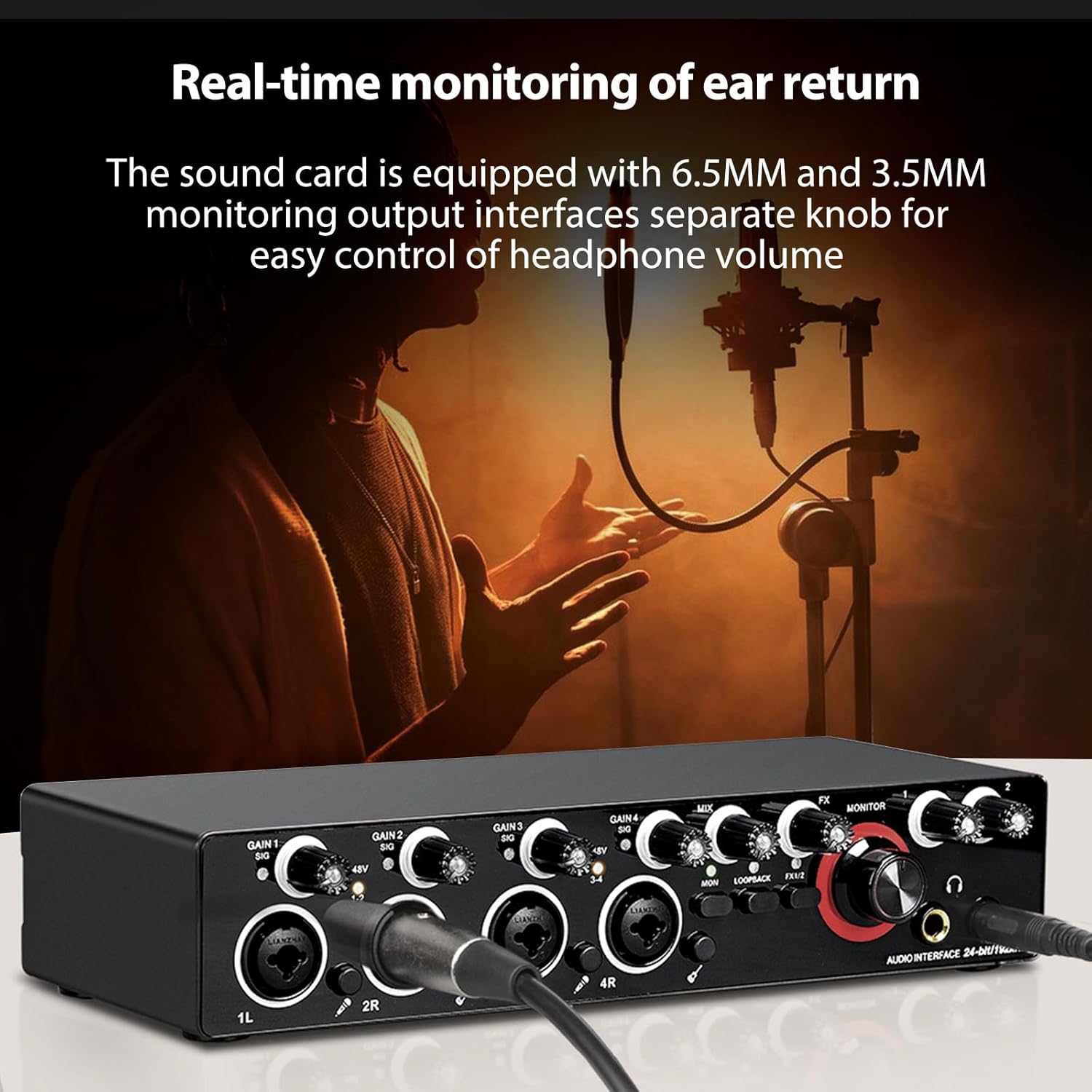 HXBER 4 Channels Recording Sound Card with Driver Free Audio Interface, 4-in 4-out USB Sound Card 24 bit/192khz 48V Phantom Power Supply for Professional Recording of Live Streaming Karaoke, Black