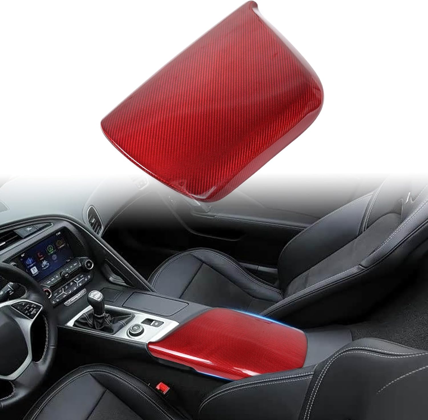 for Corvette C7 Center Console Cover Genuine Carbon Fiber Car Armrest Cover Cushion Compatible with Corvette C7 2014-2019 Auto Armrest Cover Protector Interior Accessories (Red Color)