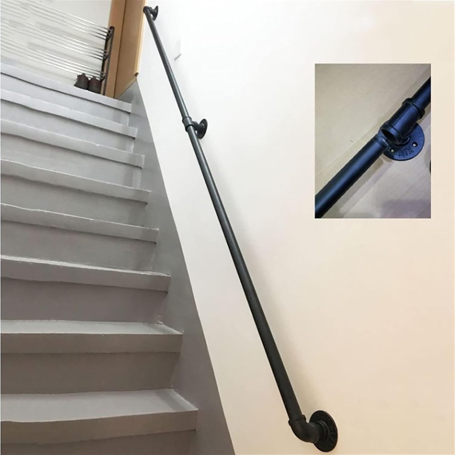 Industrial Pipe Handrail Kit 1ft-20ft, Metal Staircase Handrail Iron Pipe Baluster Stair Hand Railing for Indoor & Outdoor Wall Mount Support, Stairs Porch Deck Hand Rail, Round Corner (Size : 12ft/3