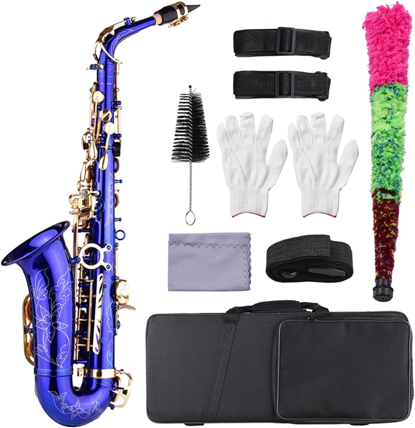 Brass Engraved EB E- Flat Alto Saxophone Sax Abalone Shell Buttons with Case Gloves Cleaning Cloth Grease Belt Brush Student Saxophone (Color : Black)