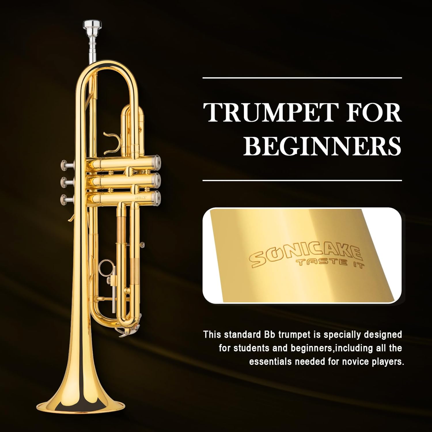 SONICAKE Bb Standard Trumpet, Student Trumpet Set for Beginner, Brass Trumpet Instrument with Hard Case, Cleaning Kit, 7C Mouthpiece and Gloves, Ideal Gift for School Band Orchestra, QTP-01, Golden