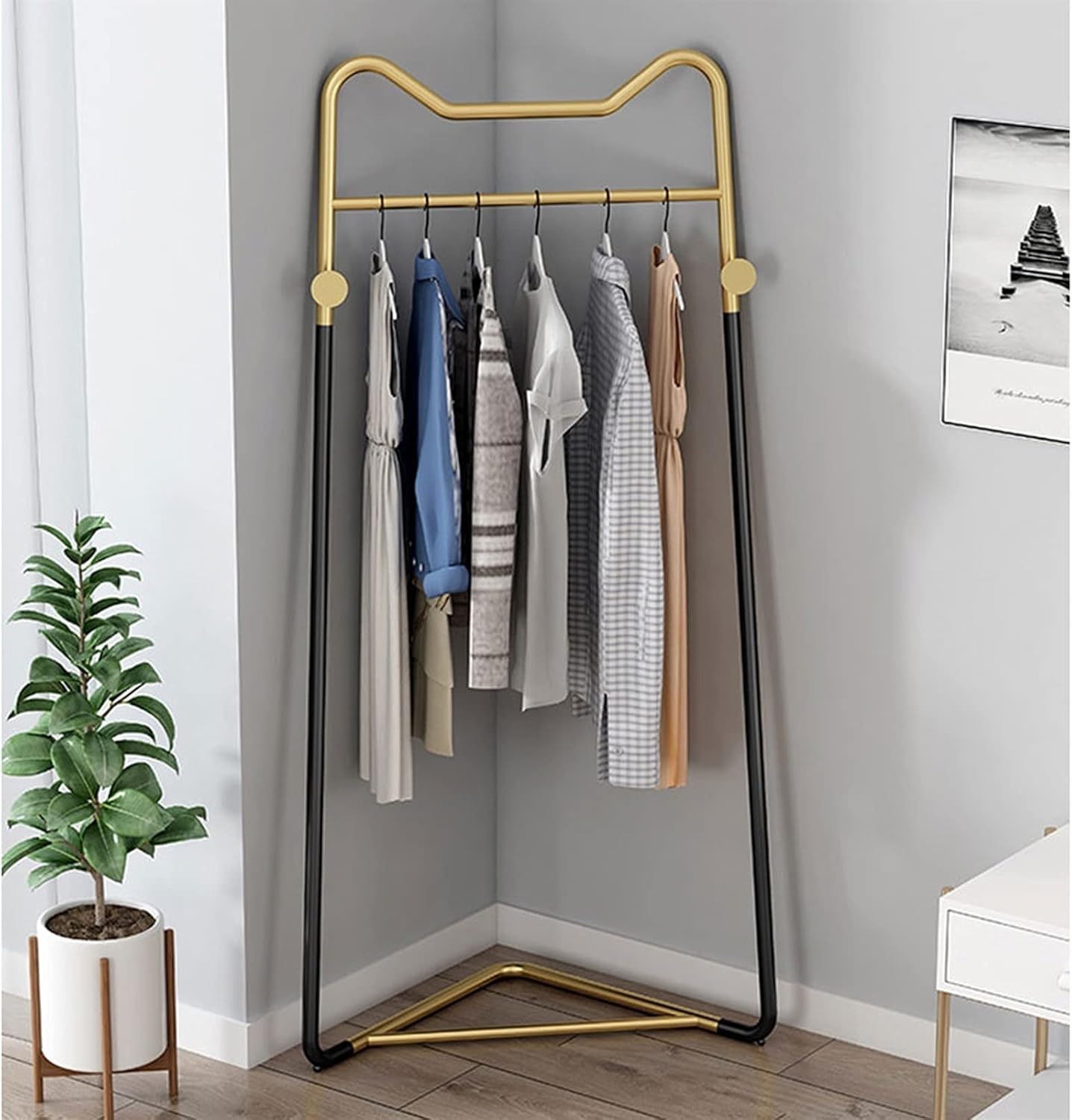 Corner Clothes Rail, 22mm Thicken Modern Clothes Rack Garment Display Stand for Bedroom Entryway Office (Black Gold