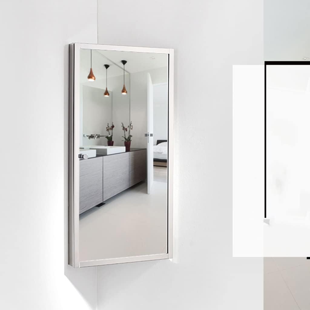 Wall Mount Corner Medicine Cabinet with Mirror, Bathroom Mirror Cabinet, Polished Stainless Steel - Left/Right Open Mirror Door, Three Shelves,11.8” X 23.6