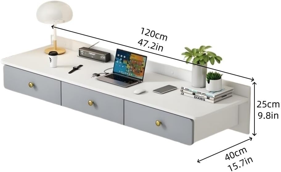 Floating Wall-Mounted Office Table with Two Drawers, Wooden Laptop Desk Shelf for Bedroom Living Room and Study, Modern Floating Vanity Workstation(White Gray)