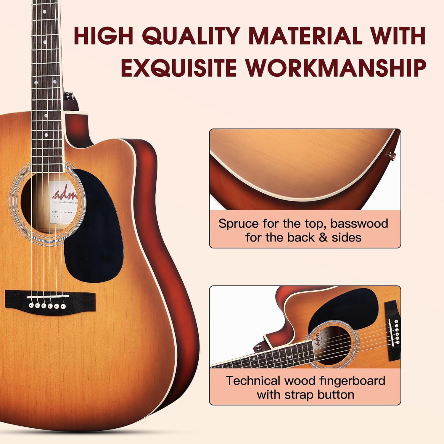 ADM Beginner Acoustic Guitar, Kids Students Cutaway Guitar Bundle Free Lessons with Gig Bag, Tuner, Strap, Picks, Extra Strings etc (Brown-Cutaway, 41 Inch)