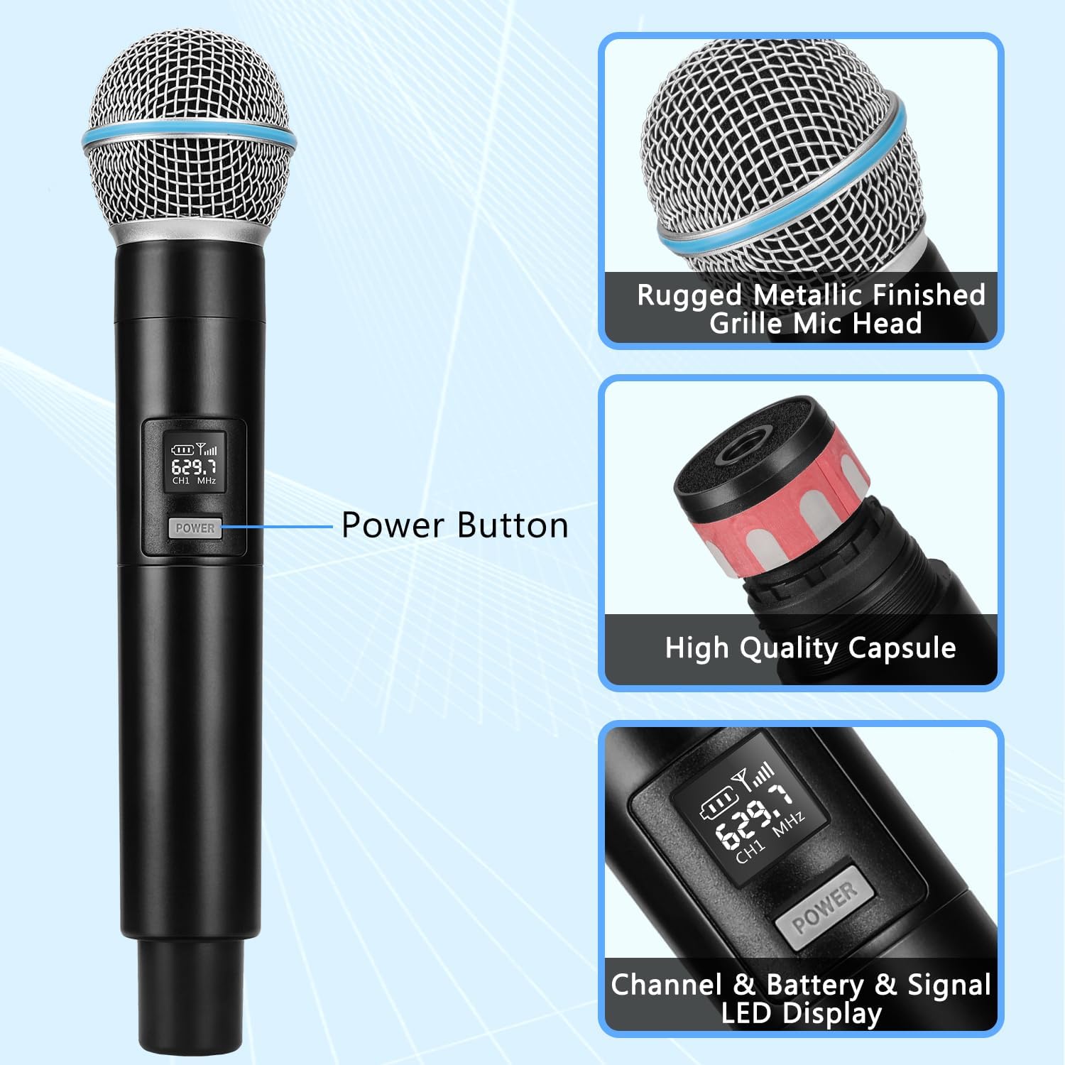 Pro Wireless Microphone System, 4-Channel UHF Wireless Mic, Cordless Mic with 4 Handheld Dynamic Microphones, 260ft Range, Microphone for Singing,Church,Karaoke,Party (410U-4 Handheld)