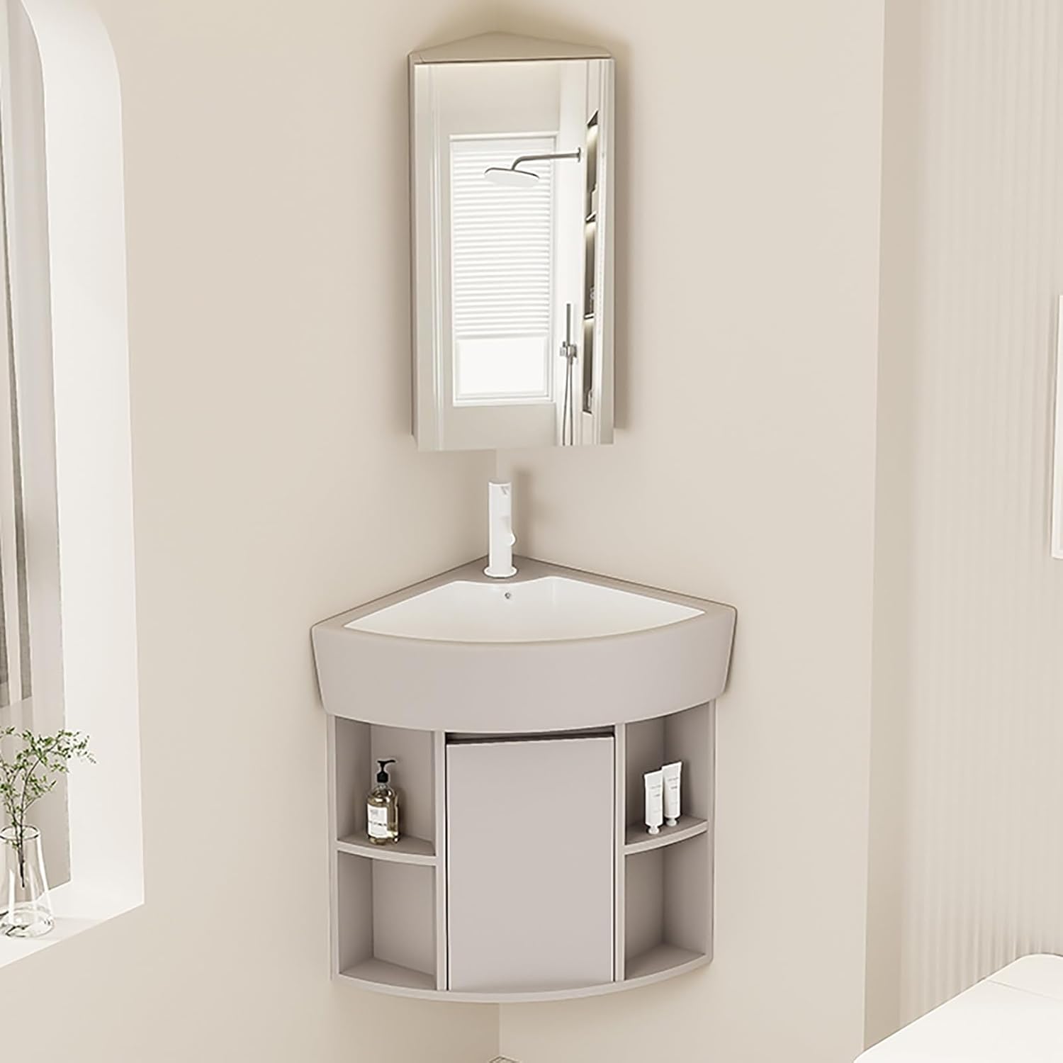 Wall Mount Corner Sink, Triangle Ceramic Wall Mount Sink with Storage Space, Corner Vanity with Mirror, Faucet, Accessories, for Small Space(48 * 48cm/19 * 19in)