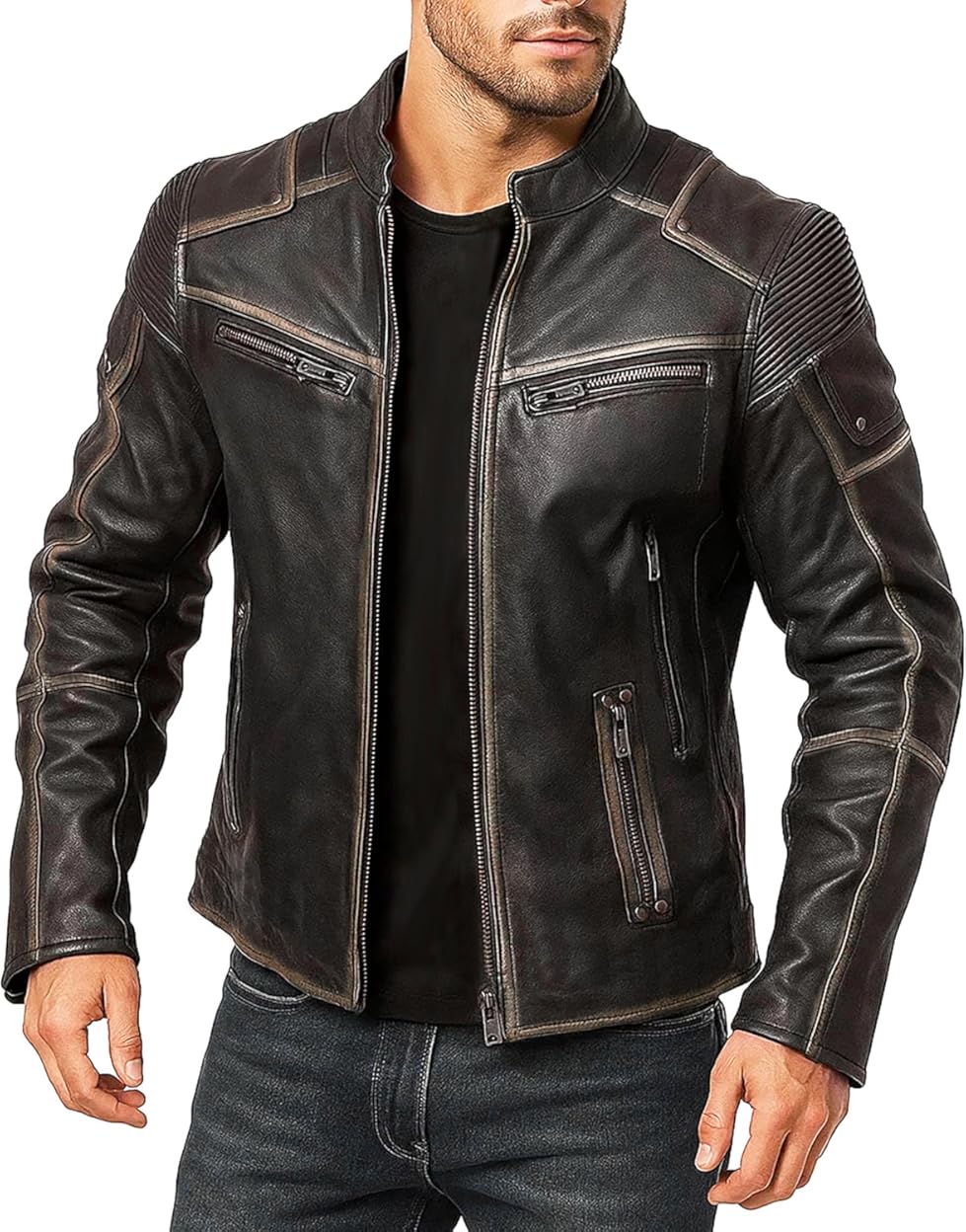 Mens Vintage Motorcycle Jacket with Removable CE Armor for Protective Riding - Cowhide Leather Biker Jacket