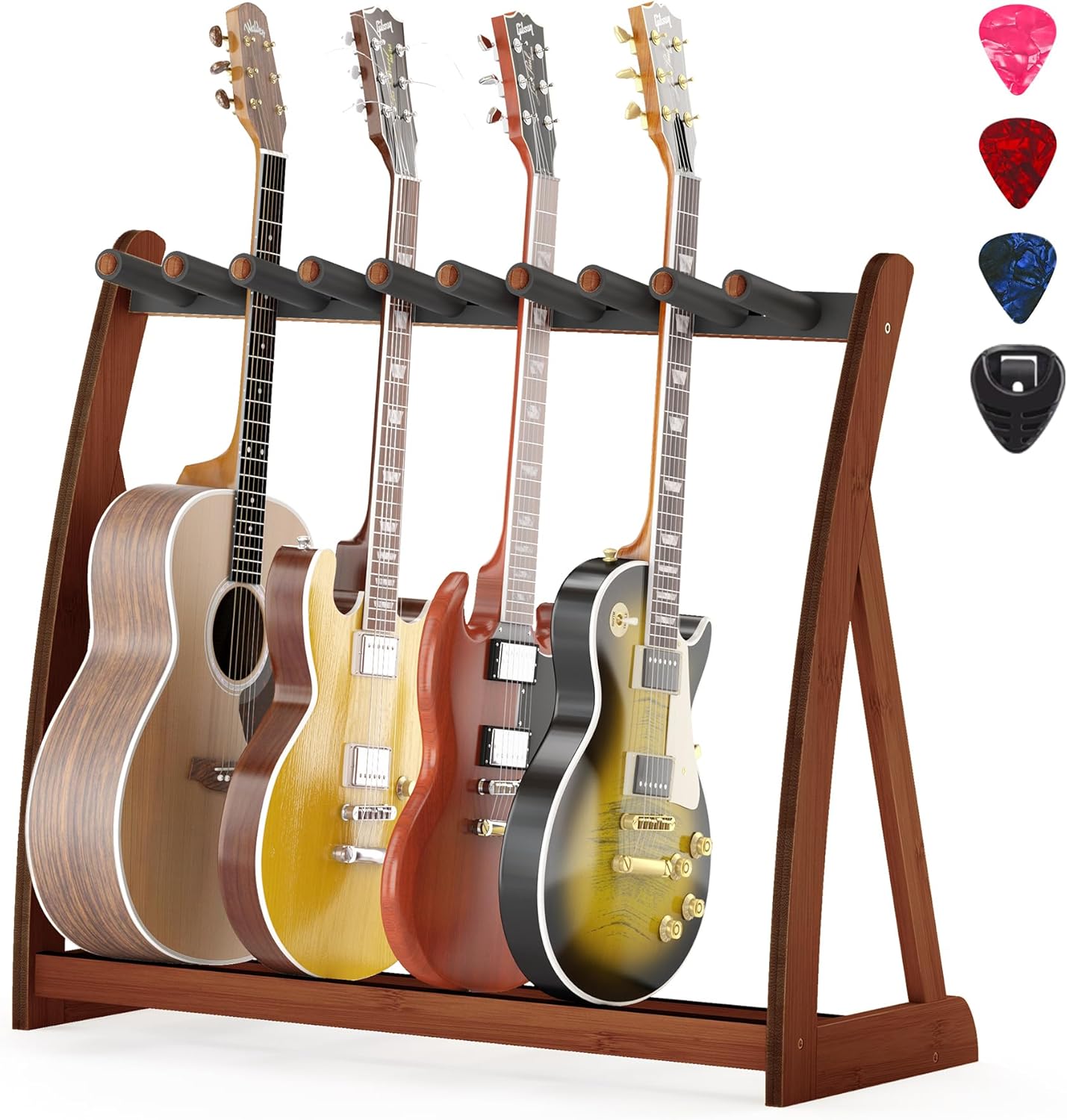 Adjustable Multi Guitar Stand Rack - Bamboo Guitar Case Stands Floor 1-9 Guitar Holder for Multiple Guitars Acoustic Electric Guitar & Bass Guitar Bag Padded Guitar Display for Band Home Stage Studio