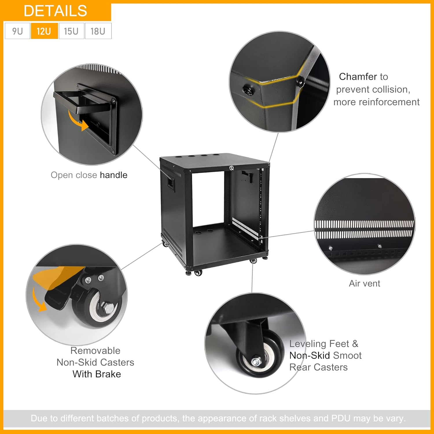RIVECO 12U Stereo & Server Rack with Caster Wheels, Rolling Network Cabinet, Open Frame Rack for 19-inch Audio Video Music Recording & IT Equipment Lifting Handle & 1U 10
