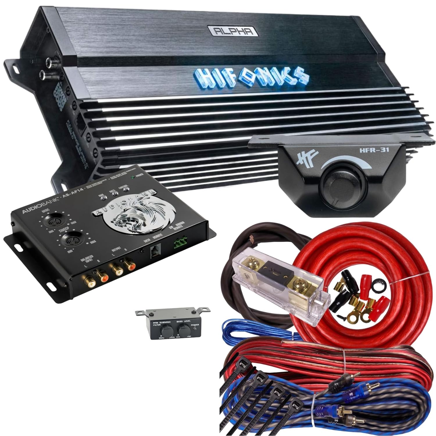 Hifonics Alpha A1500.1D 1500W Super D-Class Monoblock Car Amplifier with Audiobank Epicenter AP14 & Amp Kit, Bass Remote, and Installation Hardware