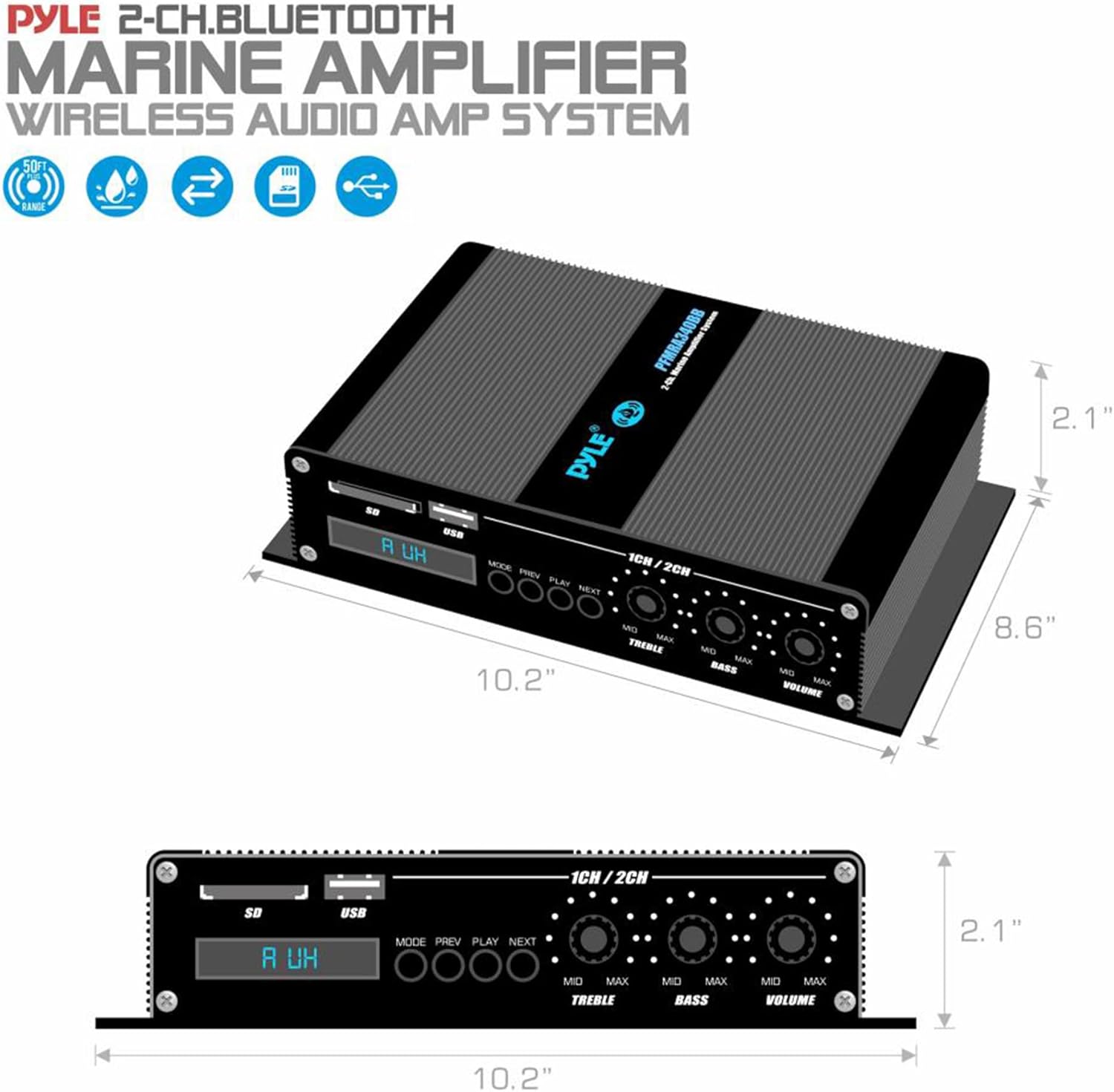 Pyle 2-Channel Bluetooth Audio Marine Amplifier-200 Watt Power Compact Weather Resistant Audio Amp Wireless Receiver System w/MP3,USB,SD Reader,LCD Digital Screen-Pyle(PFMRA340BB.5)
