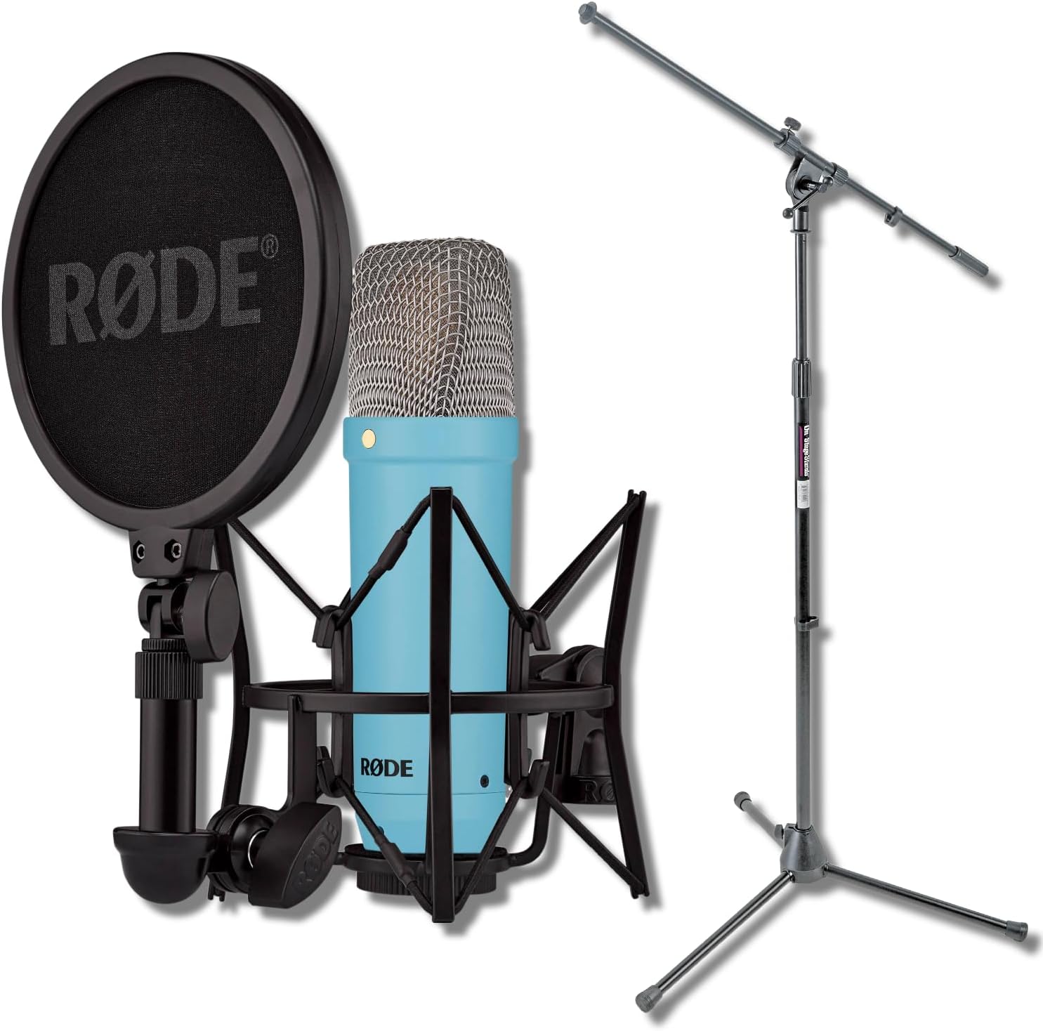 Rode NT1 Signature Series - Blue Condenser Microphone with SM6 Shockmount, Tripod Base Microphone Stand and Pop Filter