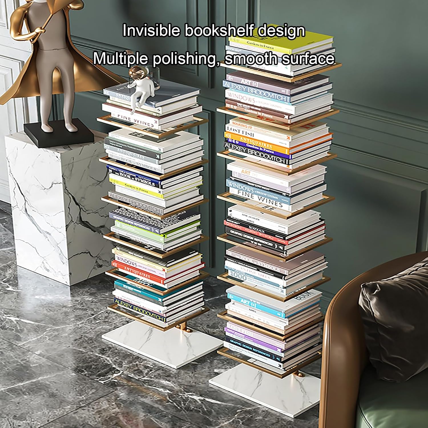 Metal Spine Bookshelf Tower, Modern Open Vertical Bookcase, Invisible Floating Storage Rack, Narrow Floor Standing Organizer, Display Shelf for Small Space(Gold,150cm/59in)