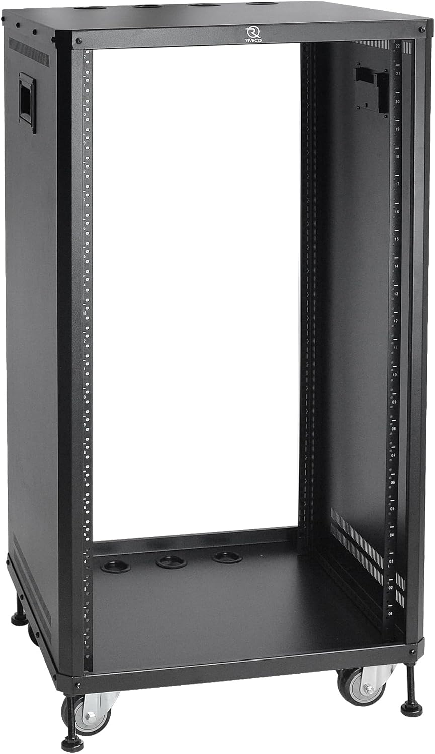 RIVECO 22U Stereo & Studio Rack with Caster Wheels, Rolling Network Cabinet, Open Frame Audio Rack for 19-inch Video Music Recording & IT Equipment Lifting Handle & 10