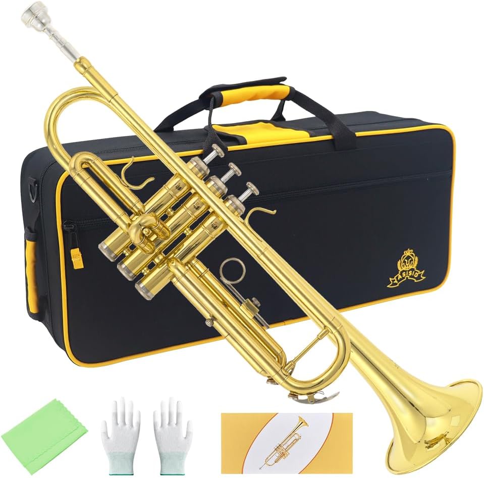 Trumpet Instrument,Band & Orchestra Musical Instruments for Beginners,With trumpets case,Mouthpiece,Cloth and Gloves (Golden)