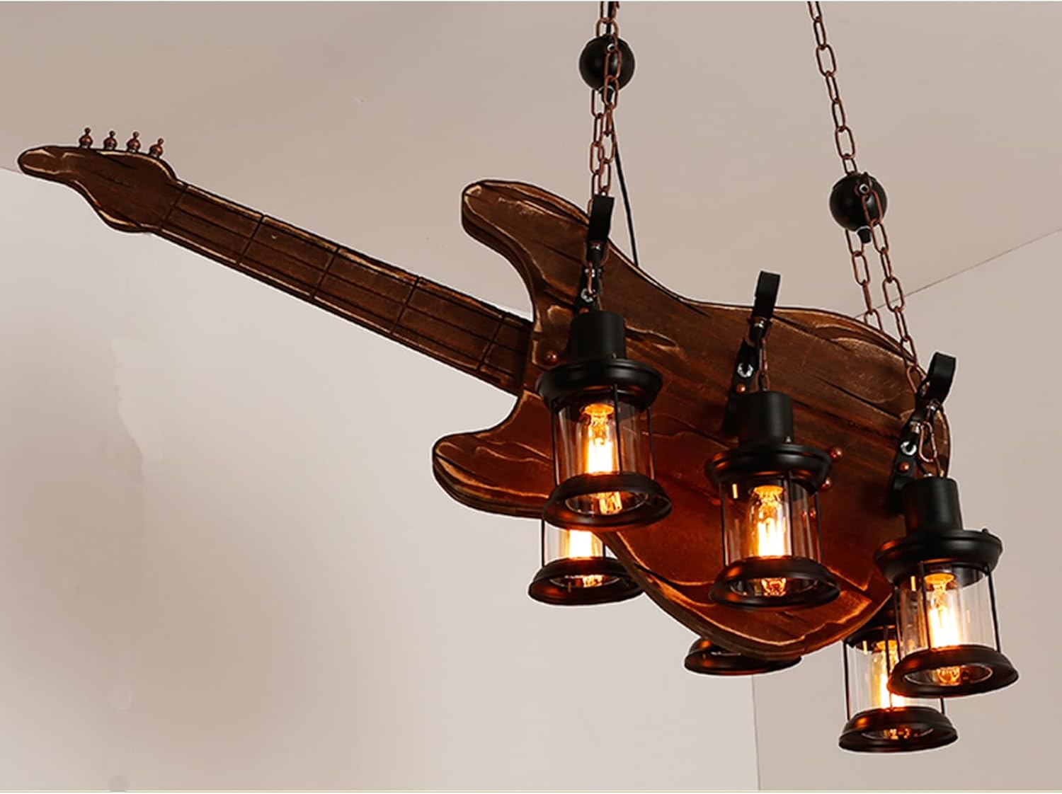 Guitar Wood Droplight,6 Lights Bass Industrial Retro Chaner, Children's Lamp with Spotlight Ceiling Lighting,for Home Office Bedroom Coffee Shop