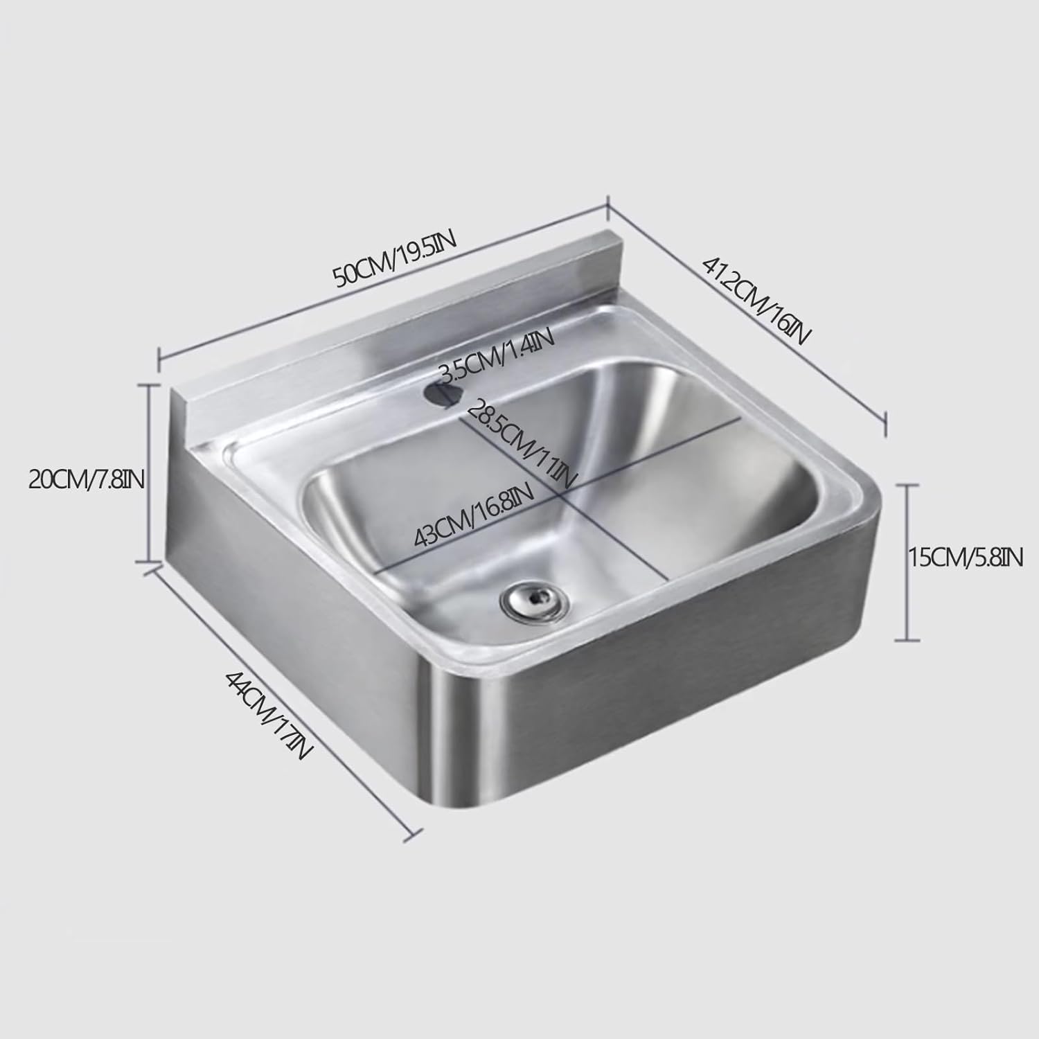 Stainless Steel Commercial Kitchen Sink, Single Bowl Bar Sink with Faucet Kit, Wall Mount Hand Washing Basin, Corner Hand Basin, Save Space(B-50x41.2x15cm)
