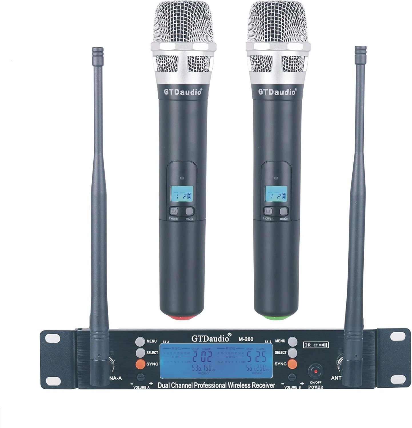 GTDaudio 2x100 Adjustable Frequency Channels UHF Wireless Microphone DJ Karaoke Mic System Long Range 400Ft, Battery 12 Hours (2 Handheld Mics)