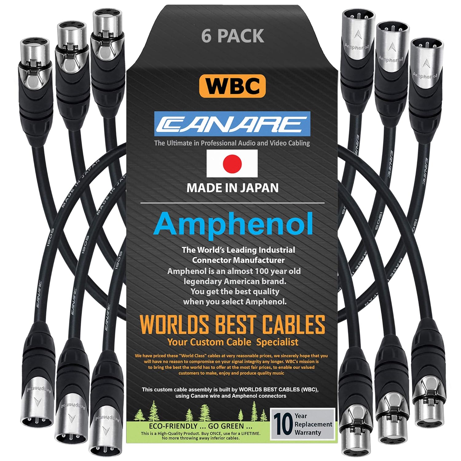 WORLDS BEST CABLES 6 Units - 6 Inch - Canare L-4E6S, Star Quad Balanced Male to Female Microphone Cables with Amphenol AX3M & AX3F Silver XLR Connectors - Custom Made