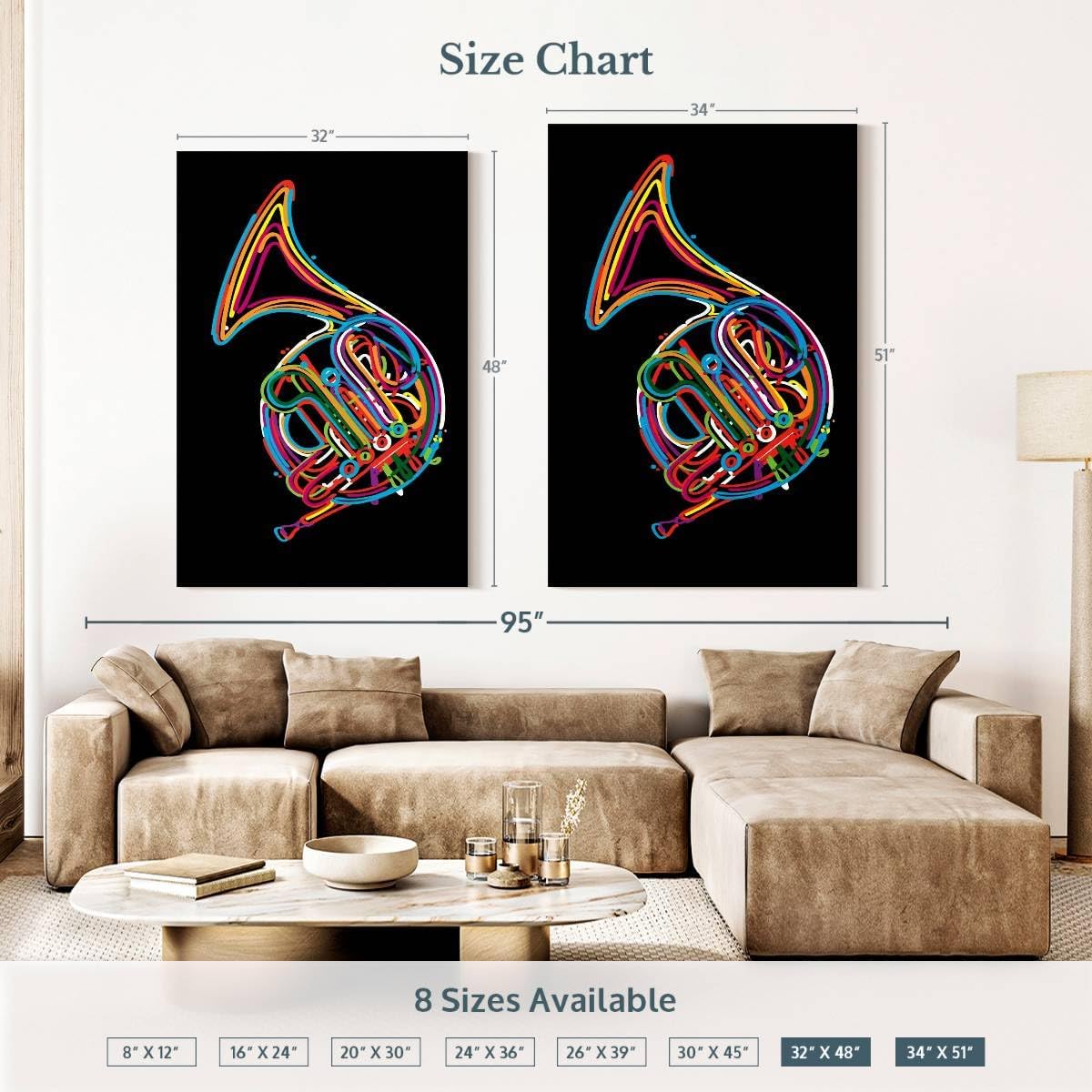 ElephantStock - French Horn In Colors Wall Art - Vertical Canvas Wall Art - Living Room Wall Decor - Digital Art Music Canvas Art - Black And Turquoise Decor - 34