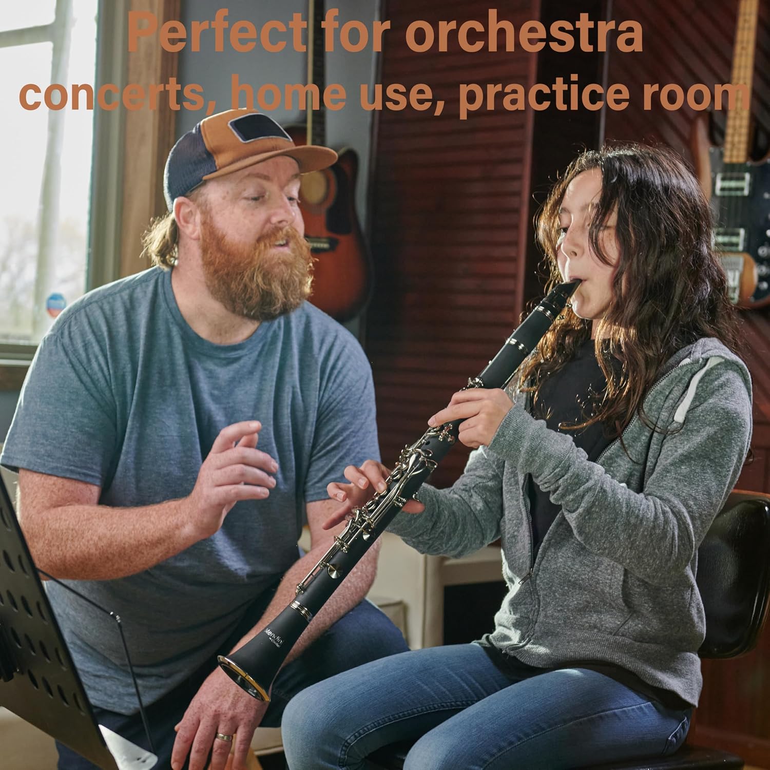 Mendini By Cecilio B Flat Clarinet for Beginner, Ebonite Bb Clarinet with 10 Reeds, Mouthpiece, Cork Grease, Gloves, Cleaning Cloth, Hard Case, Pocketbook, Stand (Black)