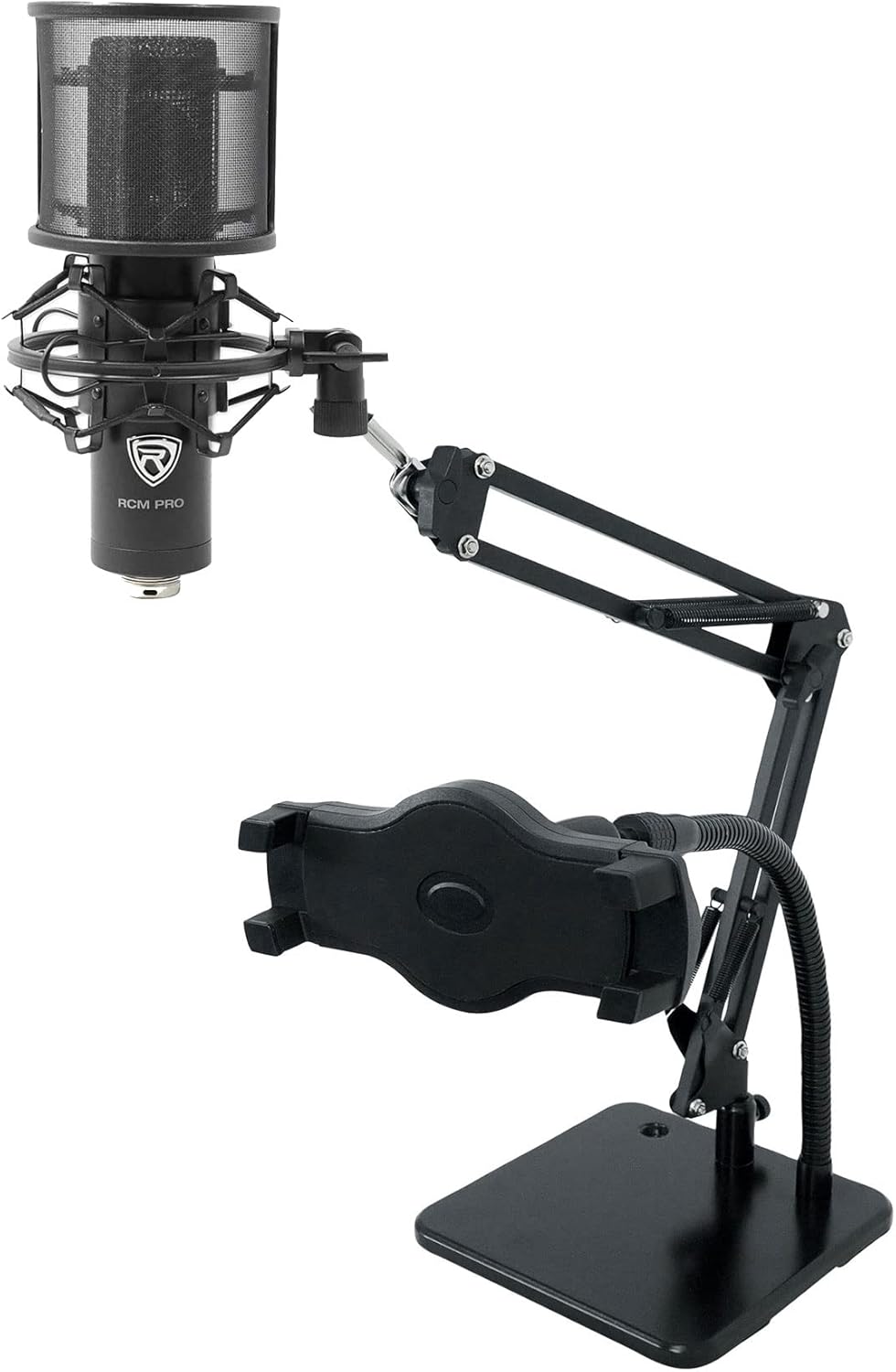 Rockville RCM PRO Bundle: Studio Recording Condenser Microphone, iStand 85 Dual Desktop Boom Arm Gooseneck Stand for Devices, 2-Items