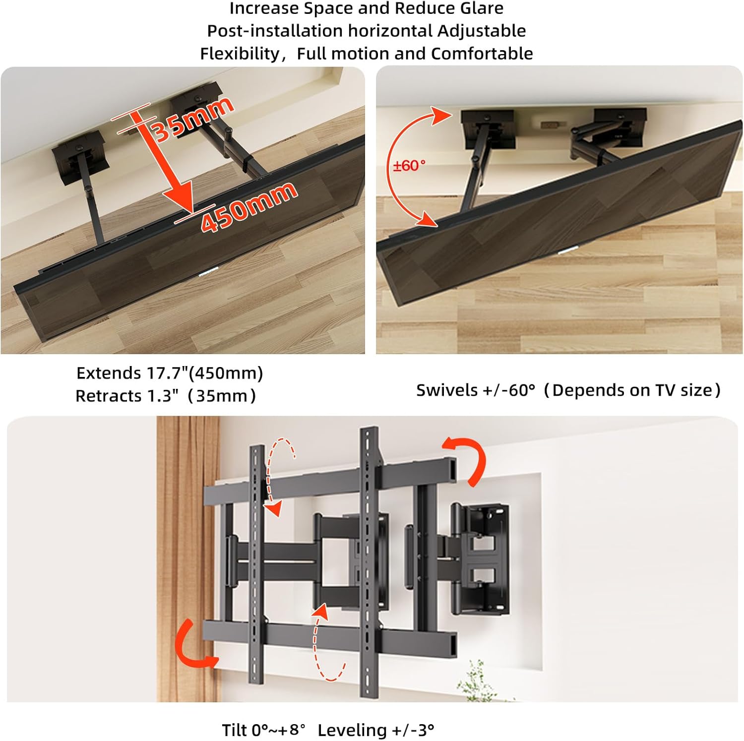 TV Wall Mount for 85 86 90 98 100 105 110 115 116 120 inch, Full Motion Corner TV Bracket for 55-120 inch LCD/LED/OLED Screen TVs Hold up to 298 lbs, Max VESA 800x600mm, Black, DY862