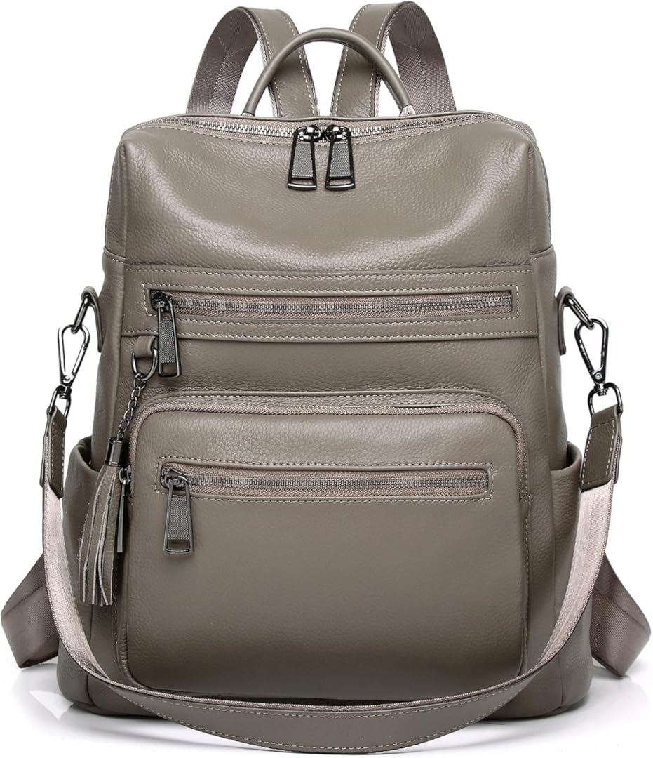 Genuine Leather Backpack Purse For Women Grey Real Soft Leather Fashion Designer Convertible Ladies Shoulder Bag